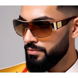 Shield Sunglasses Gold Accents UV400 Protection Designer Style Brown Lens UV400‎